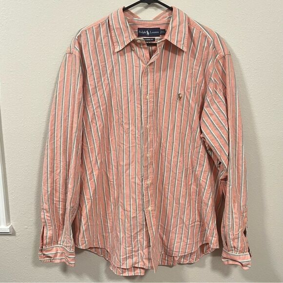 Ralph Lauren Button Up Shirt Men's Classic Fit Salmon Pink Striped w/ Pony XL - Picture 1 of 4
